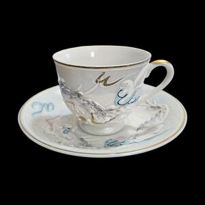 Vintage Moriage Dragonware Teacup and Saucer White Gold Blue